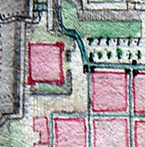 L'area del castello con il fossato difensivo circostante in una mappa del Settecento